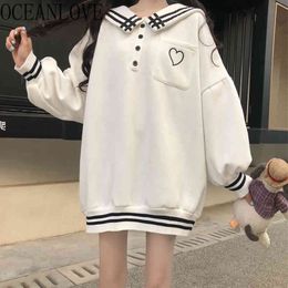 Kawaii Sweet Women Hoddies Sailor Collar Loose Japan Style Moletom Autumn Girls Print Striped Hoodie 17615 210415