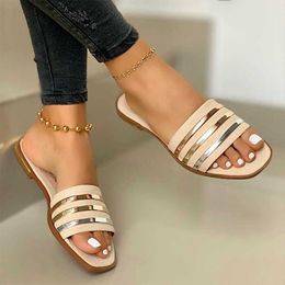 Bling Gold Flat Slides Ladies Slippers Beach Shoes Women Slip On Outdoor Comfort Slipper Female Casual Sandals Plus Size 35-43 C0410