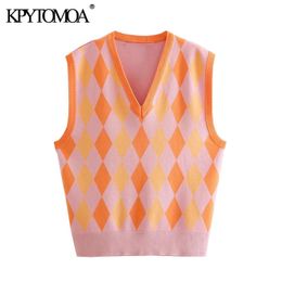 Women Fashion Argyle Partten Knitted Vest Sweater V Neck Sleevless Female Waistcoat Chic Tops 210420