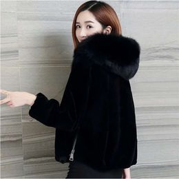 Faux Fur Coat With Hood Fashion Slim Black Jacket Fake Rabbit 210928