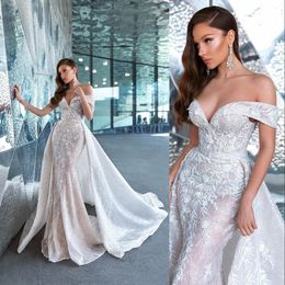 bling plus size mermaid wedding dresses Canada - 2021 Arabic Bling Luxury Mermaid Wedding Dresses Bridal Gowns Off Shoulder Illusion Lace Appliqued Sequined Beads Overskirts Detachable Train Champagne Plus Size