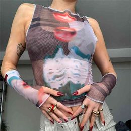 Hand Painted Printed Y2k Crop Tank Top With Gloves Summer Women's T-Shirt For Girls Fashion Graphic Tee Pullovers Streetwear 210510