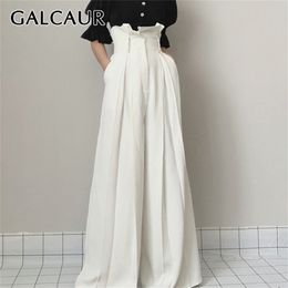 GALCAUR White Full Length Trousers For Women High Waist Loose Plus Size Pleated Ruffles Wide Leg Pants Female Clothing 210915