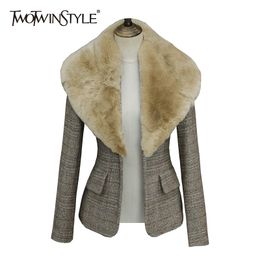 TWOTWINSTYLE Thick Khaki Tweed Coat For Women Lapel Long Sleeve Tunic Patchowrk Fluff Casual Jacket S Female Fashion Clothes 210517