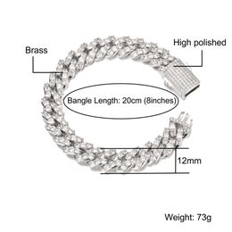 Link, Chain Hip Hop 12MM 1 Row Iced Out Cuban Link Prong Copper + Cubic Zirconia Stones Bracelet For Women Men Jewellery