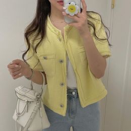 Summer Women Small Fragrance Tweed Short Sleeve Outerwear Chic Single Breasted Korean Casual Jacket Coat Female 210518