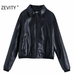 Autumn Winter Women Vintage Zipper Faux Leather Coat Female Long Sleeve Casual Outwear Jacket Chic Brand Tops CT601 210420