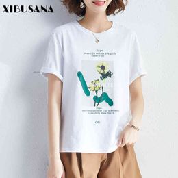 T-Shirts for Women Summer Casual Letter Printed White Cotton Vintage Loose Round Neck Short Sleeve Tops Female 210423