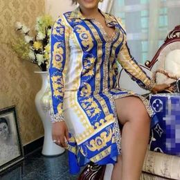 Women Printed Shirts Dress Long Sleeves Yellow Blue Button Up Vestidos Female Fashion Autumn Spring African Femme Robes 210416