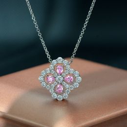 Flower Pink Diamond Pendant 100% Real 925 Sterling Silver Party Wedding Pendants Necklace For Women Bridal Chocker Jewellery