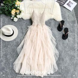 Women Tulle Dress Summer Mesh Dress High Waist Hem Asymmetrical Pleated Fairy Dress Female Slim Mesh Dresses 210521