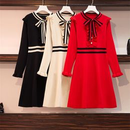 Elegant Long Sleeve Ruffles Knitted Women Bow Collar Striped A-Line Female Autumn Winter Short Sweater Dress 210416