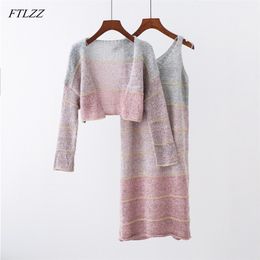 Womens Knitted Two Piece Set Women Sweater Suit Vintage Long Sleeve Kniting Cardigan Female Midi Dress 210430