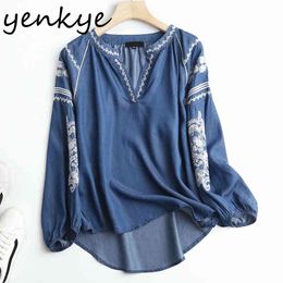 Women Vintage Blue Denim Blouse Femme Lantern Sleeve V Neck Oversize Casual Summer Tops Floral Embroidery blusa 210430