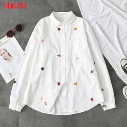 Tangada Women Flowers Embroidery Romantic 100% Cotton Blouse Shirt Long Sleeve Chic Female Shirt Tops ZE01 210609