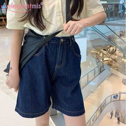 Aelegantmis Knee Length Wide Leg Shorts Jeans Women High Waist Casual Loose Denim Retro Cowboy Pants Straight Korean Chic 210607