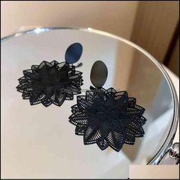 Stud Earrings Jewellery Ear Studs 925 Sier Needle Exaggeration Forest Series Black Flower Super Fairy Girl Temperament Net Red Drop Delivery 2