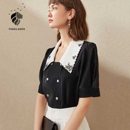 FANSILANEN Embroidery floral contrast vintage blouse shirt Women puff sleeve white top Female elegant office lady 210607