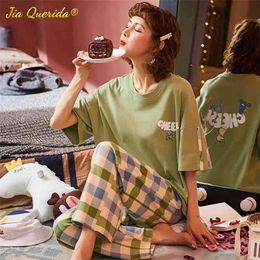 Spring Crew Neck Loose Woman Clothes Pyjamas for Women Loungewear Pjs Sleepwear Short Sleeve Plaid Pants Homesuit Homeclothes 210830