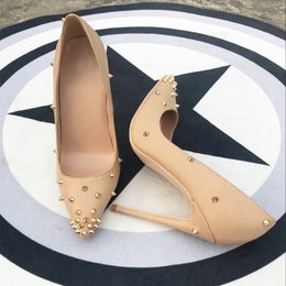 Bare Nude Sheepskin Pointed Rivet Stilettos Woman Shoes Sexy Beige Matte with Gold Spiked Thin Heel Party Banquet Shoe box and dust bag