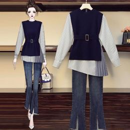 Early Spring Large Size Casual Suit Women's Temperament Stripe Irregular Cinched Knitted Vest Shirt Jeans Three-piece Set Two Piece Pants