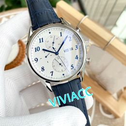 Classic New Men Multi-function Stopwatch Silver Black White Stainless Steel Sport Watches Blue Leather Double Date Clock 41mm
