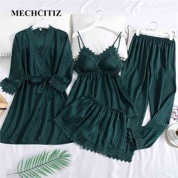 MECHCITIZ New Pyjamas Satin Women 4PCS Sleep Set Sleepwear Spring Lace Pyjama Sexy V-neck Kimono Bathrobe Gown Nightwear 210330