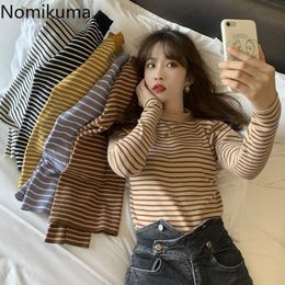 Nomikuma Casual Basic Striped Pullover Half Turtleneck Long Sleeve Tops Contrast Colour Autumn Jumpers All-match Knit Sweater 210514