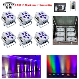 (6 lights +1 fly case +1 transmitter /lot) 6pcs*18w RGBWAUV Colourful Bright wedding decor battery up lighting / wireless dmx led flat par uplights