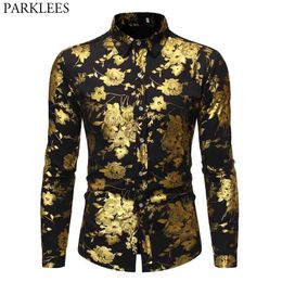 Men's Golden Rose Luxury Design Dress Shirts Autumn Slim Fit Button Down Flowered Printed Stylish Party Club Shirt S-XL 210629