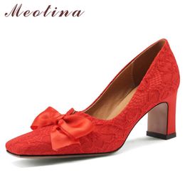 Meotina Square Toe High Heels Women Wedding Shoes Silk Thick Heel Pumps Fashion Bow Female Footwear Spring White Large Size 43 210608