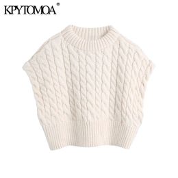 Women Fashion Loose Cable-knit Cropped Vest Sweater O Neck Sleeveless Female Waistcoat Chic Tops 210420