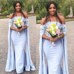 Light Blue Mermaid Bridemaid Dree Plu Size Off the Shoulder Floor Length Cutom Made Lace Applique Maid of Honor Gown African Country Wedding Party