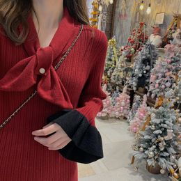 Abito rosso natalizio autunno e inverno nuovo femminile a maniche lunghe lavorato a maglia con gonna maglione che tocca il fondo jxmyy 210412