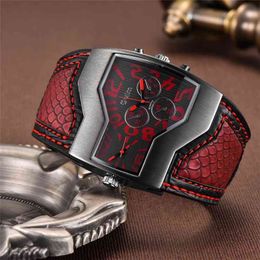 Oulm Classic Style Two Time Zone Men's Watches PU Leather Wristwatch Male Quartz Clock Casual Man Hours relogio masculino 210407