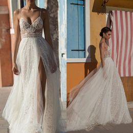 Gali Karten Long Dress Beach Wedding Gowns Side Split Spaghetti Illusion Sexy Boho Sweep Train Pearls Backless Bohemian Bride Dresses