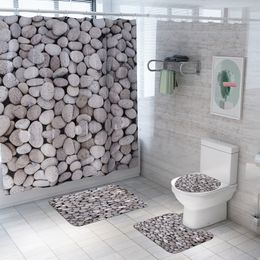 Small Stone Printed Toilet Floor Mats Shower Curtain 4 Piece Set Bathroom Seat Non-Slip Mat