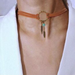 Vintage Alloy Feather Leather Chain Choker Necklace for Women Antique Gold Circle Collar Female Boho Jewelry Collares Mujer