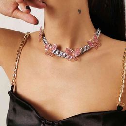 Cuban Link Chain Necklace for Women Rhinestone Inlaid Hip Hop Bling Butterfly Choker Necklace for Women Girls Mother's Day X0509