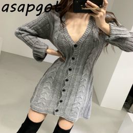 Autumn Winter Sweater Dress V Neck Slim Empire Waist Single-breasted Above Knee Twist Knitted Qualities Loose 210429