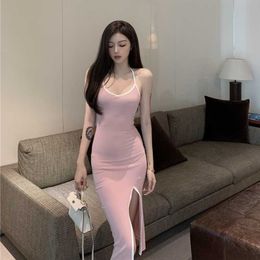 Sexy halter neck lace dress female slim slit over the knee v-neck nightclub party sleeveless 210604