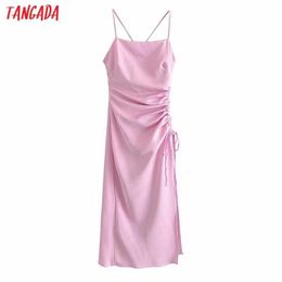 Tangada Women Pink Pleated Satin Dress Sleeveless Backless Fashion Lady Midi Dresses Robe 3H551 210609