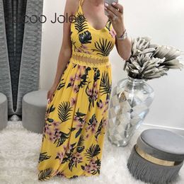 Jocoo Jolee Women Boho Strap Sleeveless V Neck Lace Print Dress Sexy High Waist Hollow Out Beachwear Sundress Summer Party Dress 210619