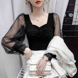 Chiffon Shirt Women's Summer Korean Blusas Chic Fold Square Collar Slim Blouses Polka Dot Gauze Patchwork Tops Femme 210519