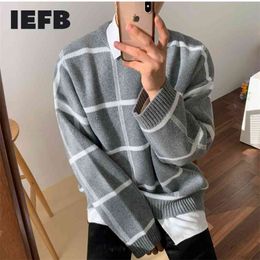 IEFB /men's wear plaid sweater autumn witner Korean style loose pullover knitted tops all-mtch cintage 9Y3248 210812