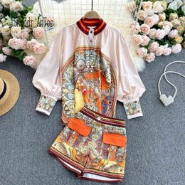 Women's Suit Spring Summer Fashion Suit Vintage Printed Two Piece Set Loose Blouse Tops High Waist Pocket Leg Shorts Female Sets X0428