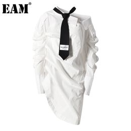 [EAM] Women Tie Pleated Irregular Big Size Shirt Dress Asymmetrical Collar Long Sleeve Fashion Spring Autumn 1DD6950 21512