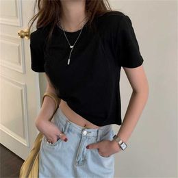 Solid Streetwear Vintage Basic Slim Short Sleeves Casual Tee Tops Summer Loose Brief Cotton Minimalist T-shirts 210525