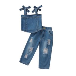 Lovely Summer Baby Girl Denim Clothing Sets Sling Cowboy Suit Ripped Jeans Trousers Girls Two-Pieces Set Children Outfits