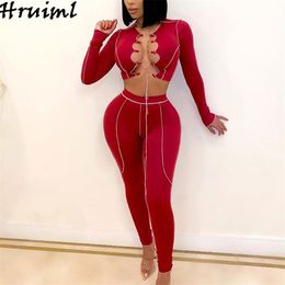 Tracksuit Women Sets Plus Size Two Piece Outfits Sexy Long Sleeve Eyelet Lace-Up Crop Tops Pencil Pants Set Lounge Wear Autumn 210513